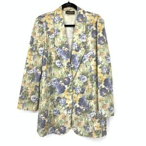 VTG Floral Blazer Womens L Green Blue Jacket 90s Cottagecore Lightweight Spring
